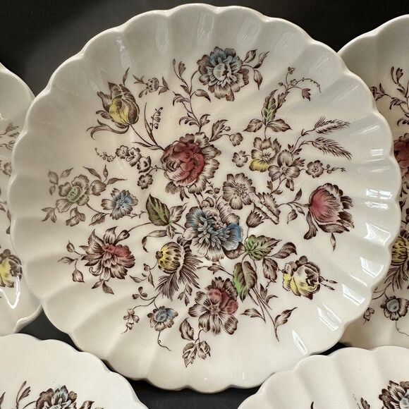 JOHNSON BROTHERS 5 Saucer Plates Staffordshire Bouquet Brown Multicolor VTG - Picture 2 of 10